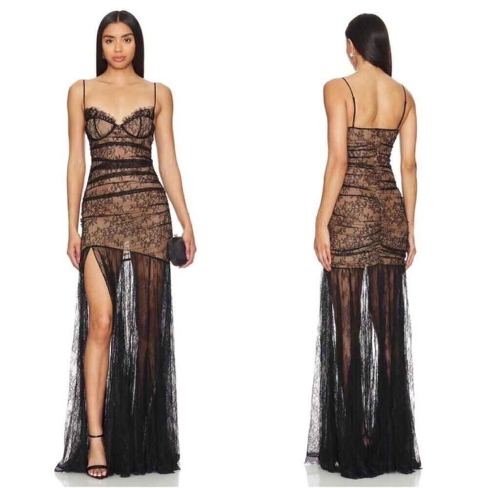 RETROFETE Aliza Floral Lace Ruched Black Maxi Dress Size Large